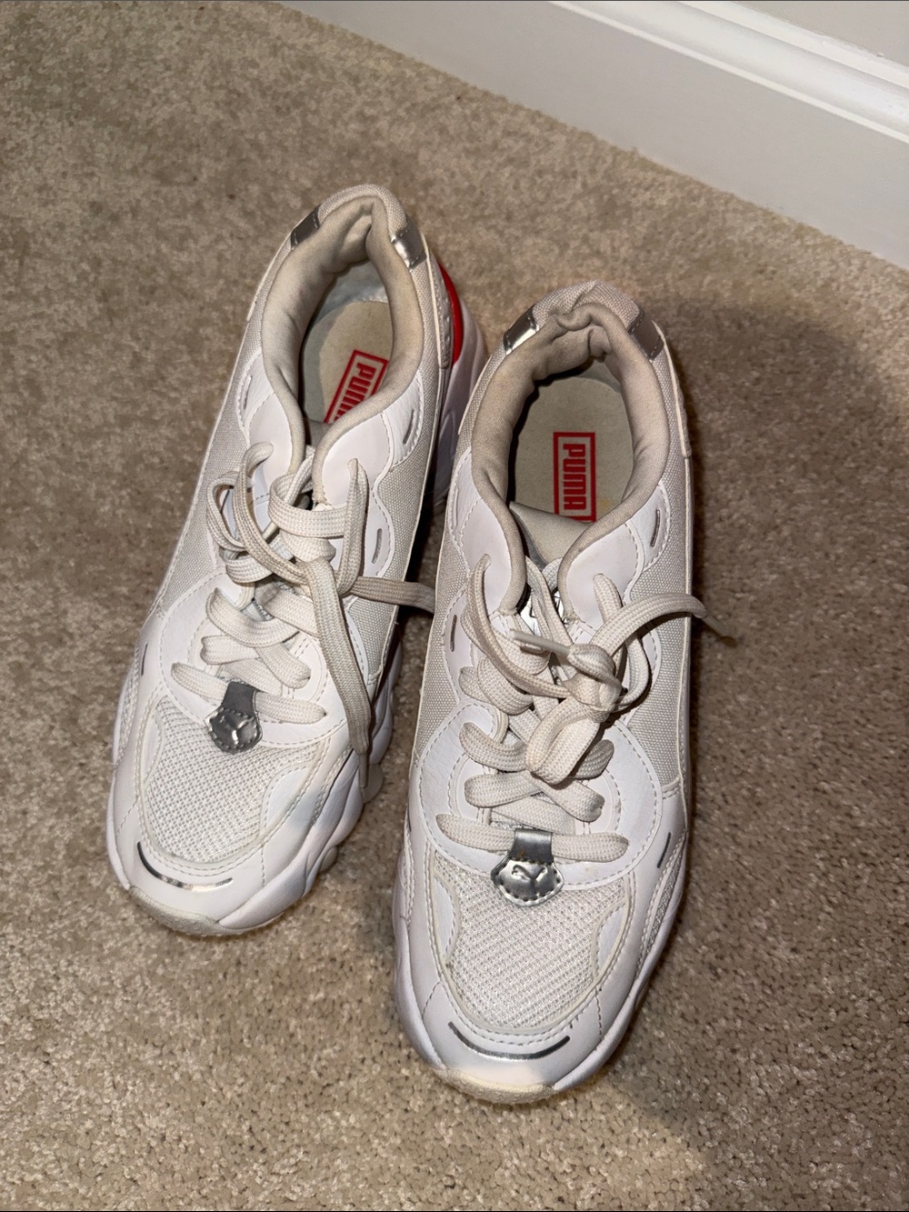 Puma Women’s White Sneakers with Silver Accents and Red Heel Tab